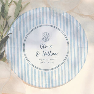 Whimsical Handdrawn Retro Blue Stripes Wedding Paper Plate