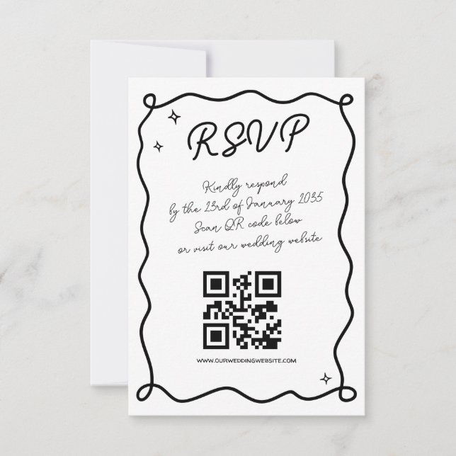 Whimsical Handdrawn Wedding QR Code Kindly Respond RSVP Card (Front)