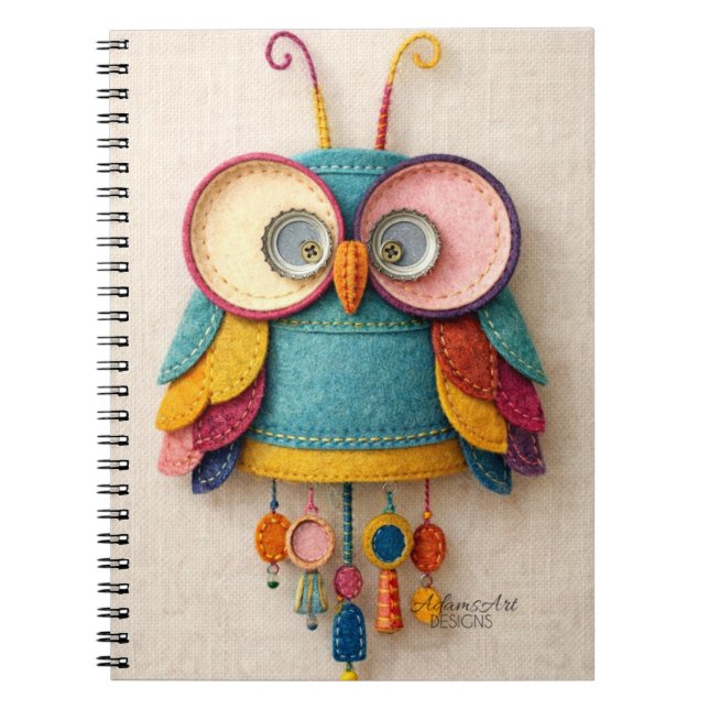 Whimsical Handmade Felt Owl Art Notebook (Front)