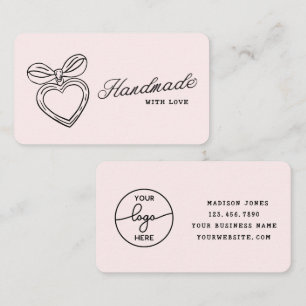 Whimsical Handmade with Love Script Heart Bow Logo Business Card