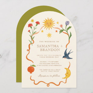 Whimsical handpainted Celestial Folk Wedding  Invitation