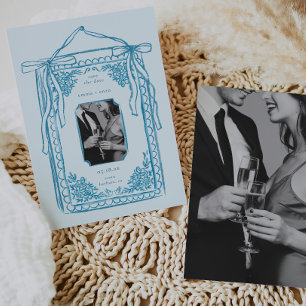 Whimsical Handrawn Save the Date Blue Photo Invitation