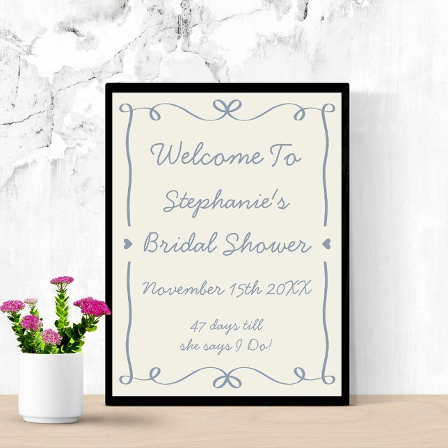 Whimsical Handwritten Dusty Blue Bow Bridal Shower Poster (Creator Uploaded)