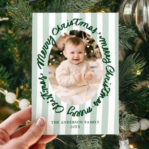 Whimsical Handwritten Merry Christmas Green Photo Holiday Card
