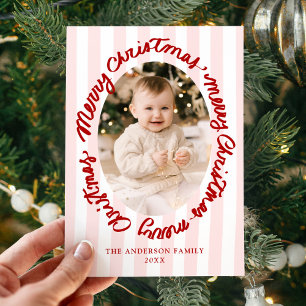 Whimsical Handwritten Merry Christmas Pink 2 Photo Holiday Card