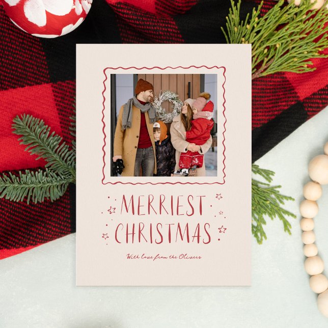 Whimsical Handwritten Merry Christmas Red  Holiday Card (handwritten Merry Christmas photo card in red with whimsical hand-drawn elements)