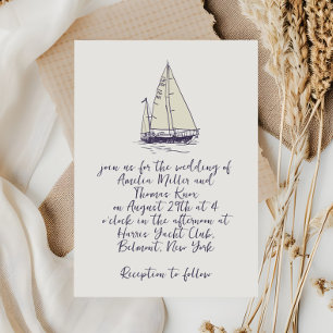 Whimsical Handwritten Navy Blue Sailboat Wedding Invitation