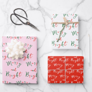 Whimsical Handwritten Script Merry and Bright Xmas Wrapping Paper Sheet