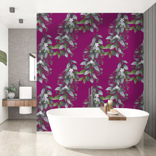 Whimsical Hanging Flowers and Leaves Dark Fuchsia Wallpaper
