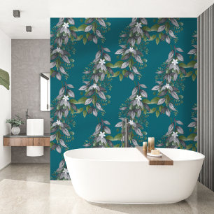Whimsical Hanging Flowers and Leaves Dark Teal Wallpaper