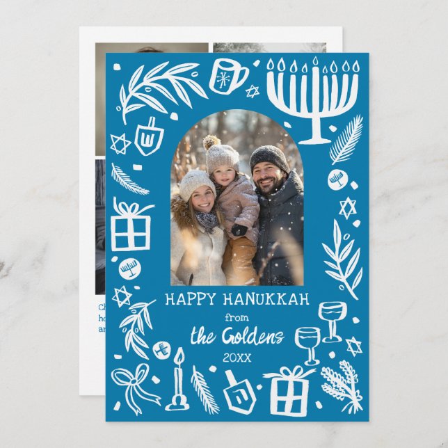 Whimsical Hanukkah Cute Custom Arch 4 PHOTO  Holiday Card (Front/Back)