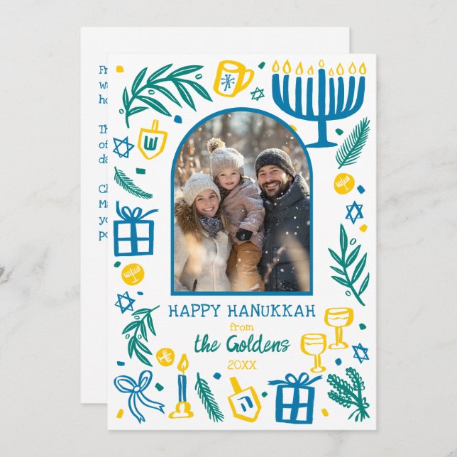 Whimsical Hanukkah Cute Custom Arch PHOTO  Holiday Card (Front/Back)