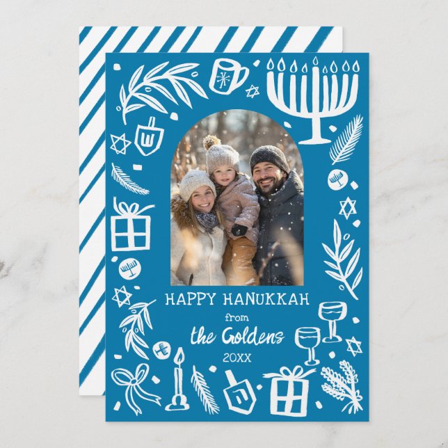 Whimsical Hanukkah Cute Custom Arch PHOTO  Holiday Card (Front/Back)