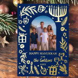 Whimsical HANUKKAH Cute Custom Photo GOLD<br><div class="desc">Perfect cute card for a fun holiday greeting! Hand made art for you! FULLY CUSTOMIZABLE! Click on “Personalise” above to edit the text and add your own photo. Click "edit using design tool" to adjust the fonts, colours and placements. Design is gold foil on navy blue, but check my shop...</div>