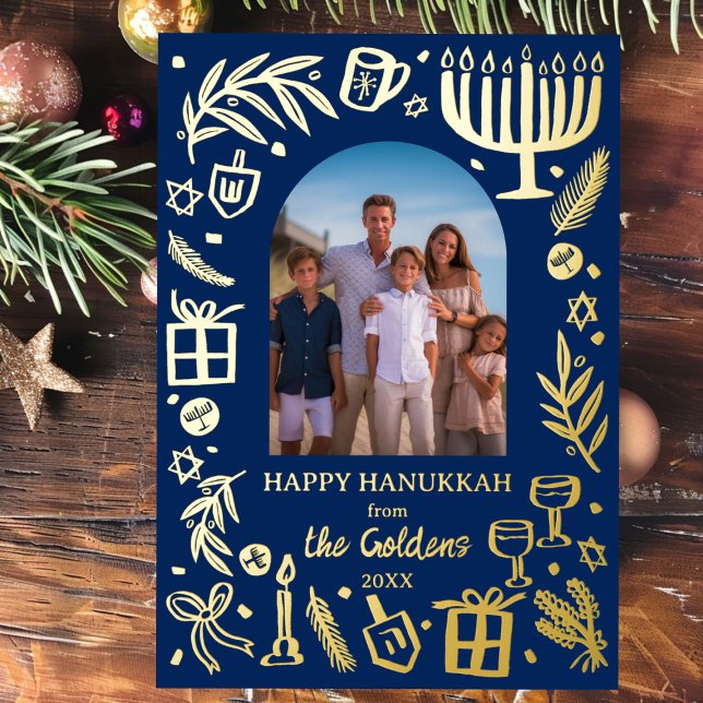 Whimsical HANUKKAH Cute Custom Photo GOLD (Whimsical HANUKKAH Cute Custom Photo GOLD Foil Doodle Scribble Holiday Card
)