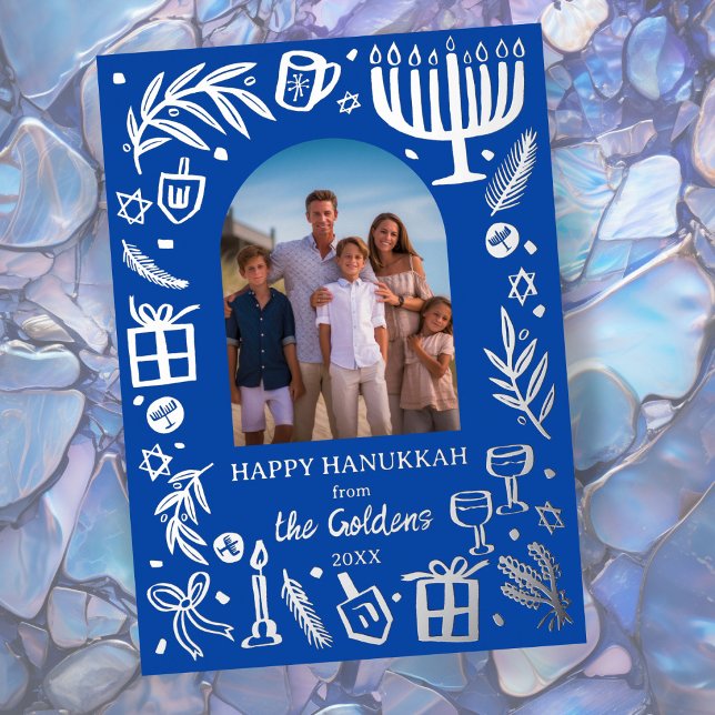 Whimsical HANUKKAH Cute Custom Photo SILVER  (Whimsical HANUKKAH Cute Doodle Sketch Custom Photo SILVER Foil Holiday Card
)