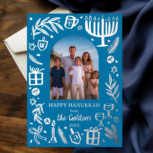 Whimsical HANUKKAH Cute Custom Photo SILVER  (Whimsical HANUKKAH Cute Custom Photo SILVER Foil Holiday Card
)