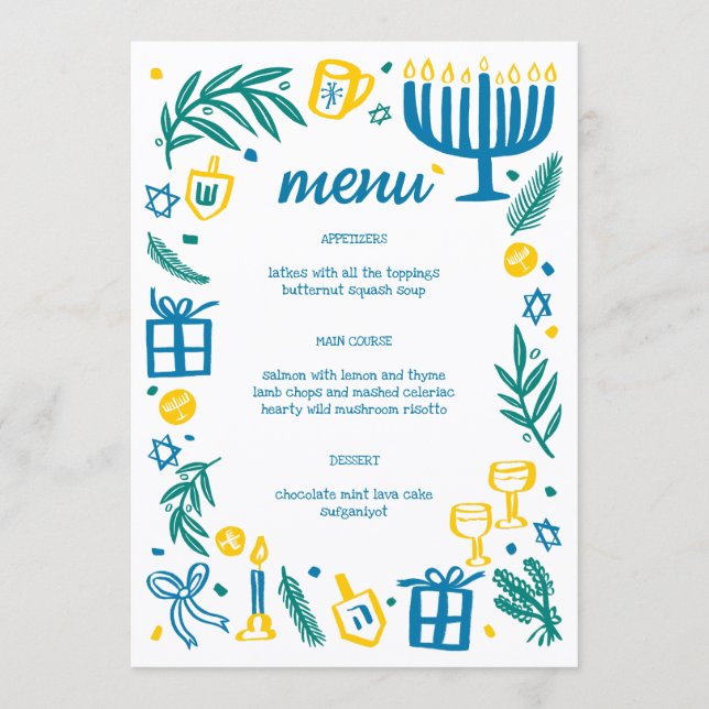 Whimsical Hanukkah Holiday Party Cute Custom Diner Menu (Front)
