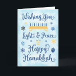 Whimsical Hanukkah Light and Peace Holiday Card<br><div class="desc">A Jewish Hanukkah theme card with a menorah,  Star of David and Driedel.  The text reads Wishing You Light & Peace Happy Hanukkah.  The background is a light blue watercolor wash.  Personalise the inside with your own message and/or company logo.</div>