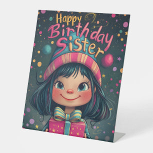 Whimsical Happy Birthday Sister Illustration  Pedestal Sign