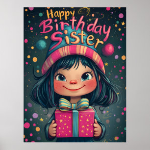 Whimsical Happy Birthday Sister Illustration  Poster