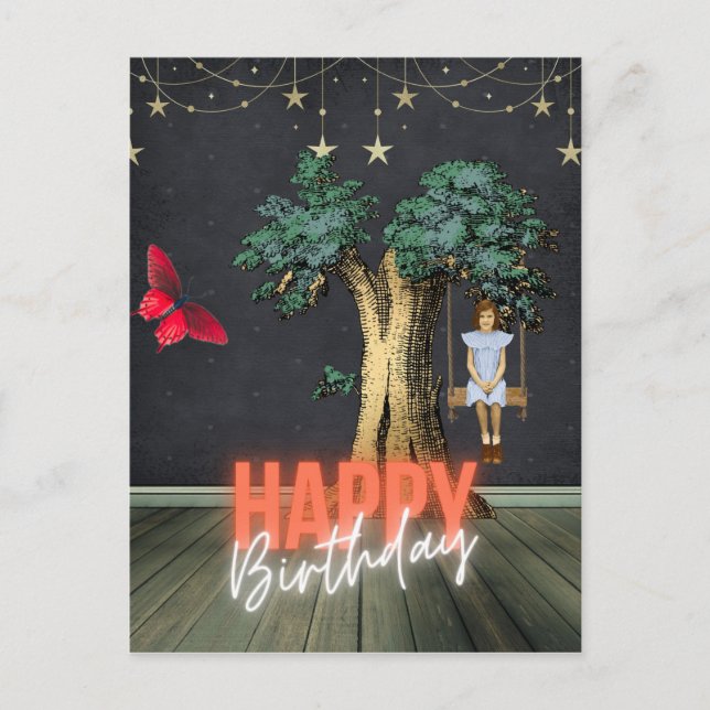 Whimsical Happy Birthday Surreal Altered Art Postcard (Front)