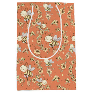 Whimsical Happy Bumblebee and Flowers Medium Gift Bag