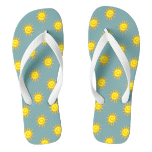 Whimsical Happy Face Sun Aqua Blue Green Jandals