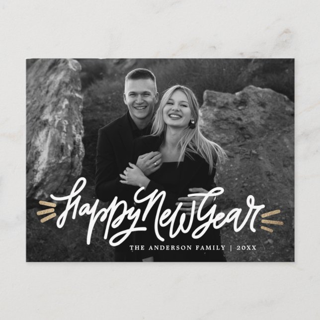 Whimsical Happy New Year Script Photo Holiday Postcard (Front)