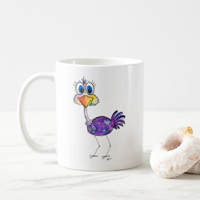 Whimsical Happy Purple Ostrich Coffee Mug (With Donut)