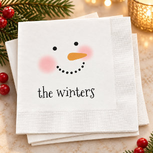 Whimsical Happy Snowman Face Winter Family Name Napkin