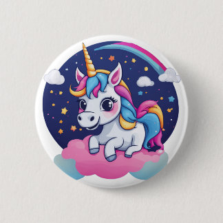 Whimsical Happy Unicorn on Pink Cloud Button