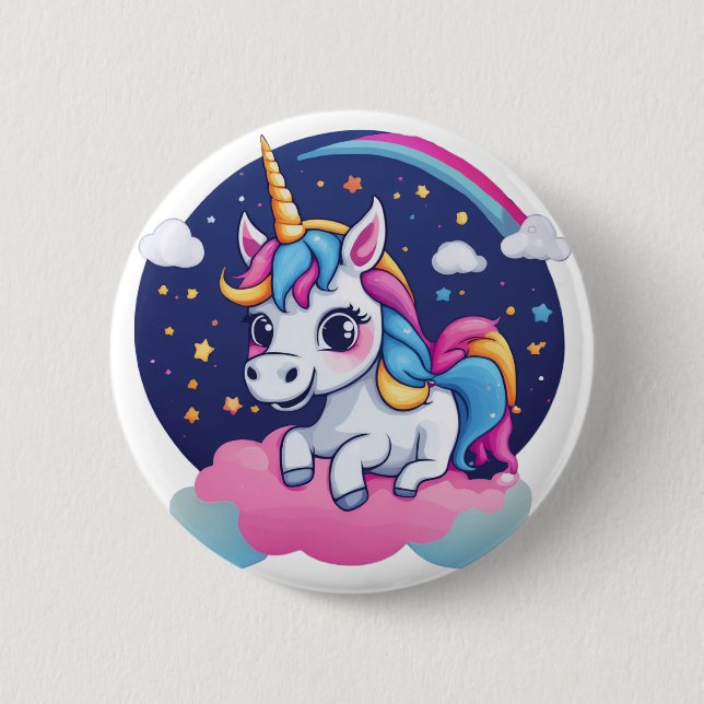 Whimsical Happy Unicorn on Pink Cloud Button (Front)
