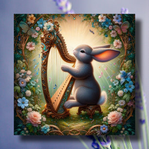 Whimsical Harp Bunny Art Nouveau Easter Card