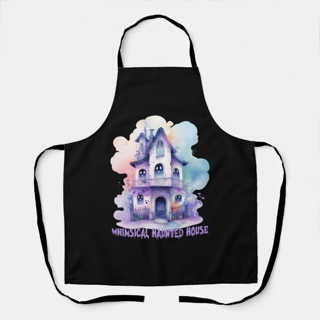 Whimsical Haunted House – Pastel Purple Halloween Apron (Front)