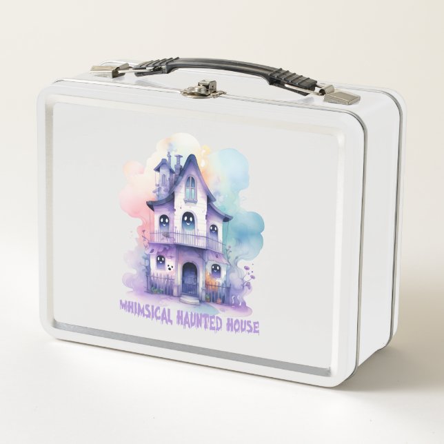 Whimsical Haunted House – Pastel Purple Halloween Metal Lunch Box (Front)