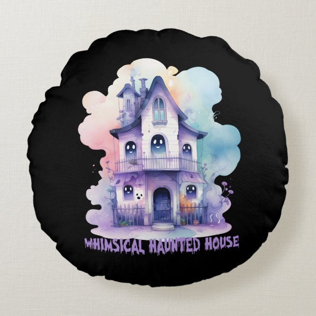 Whimsical Haunted House – Pastel Purple Halloween Round Cushion (Front)