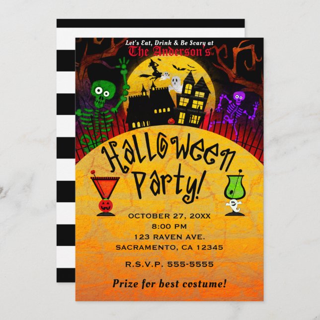 Whimsical Haunted House Skeleton Halloween Party Invitation (Front/Back)
