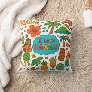 Whimsical Hawaii Retro Travel Icons Cushion