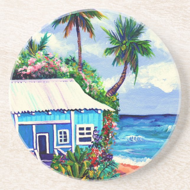 Whimsical Hawaiian Beach Cottage Coaster (Front)