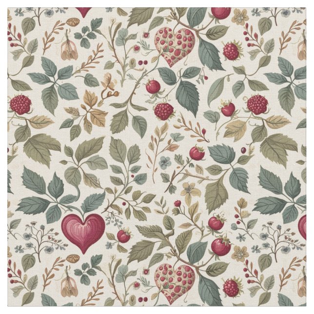 "Whimsical Heart and Berry Pattern" Fabric (Close Up)