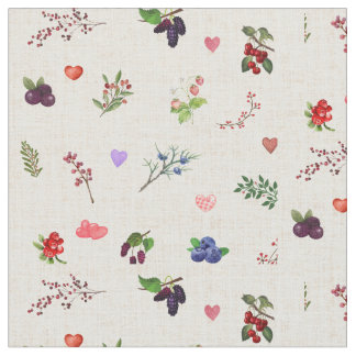 "Whimsical Heart and Berry Pattern" Fabric