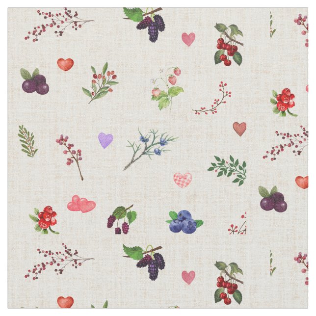 "Whimsical Heart and Berry Pattern" Fabric (Close Up)