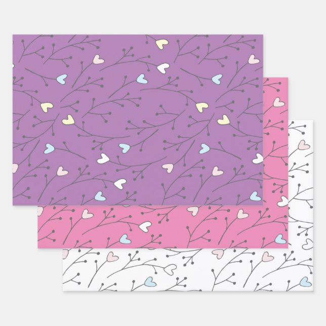 Whimsical Heart Branches Trio Trio Wrapping Paper Sheet (Set)