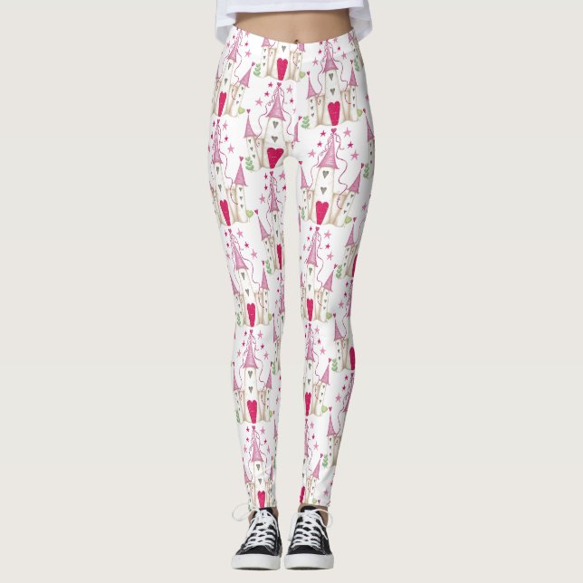 Whimsical Heart Castle Pattern Leggings (Front)