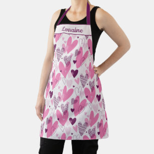 Whimsical Heart Design in Pink and Plum Tones Apron