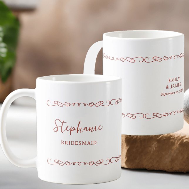 Whimsical Heart Doodle Red Orange Wedding Party Coffee Mug (Bridesmaid gift mug - customize to any color and for anyone in your wedding party)