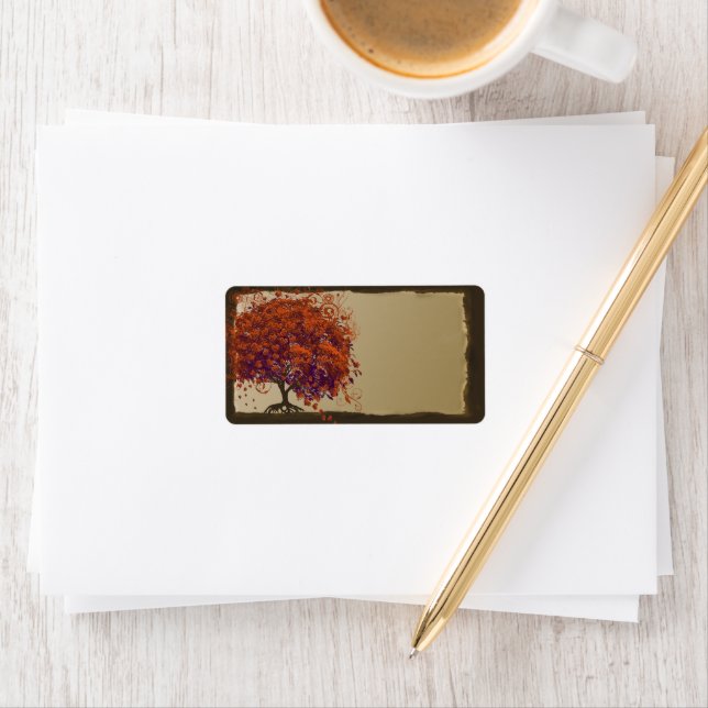 Whimsical Heart Leaf Dark Tree Orange & Plum Gold Label (Insitu)