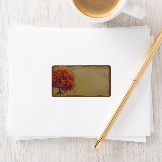 Whimsical Heart Leafed Tree Orange & Plum on Gold Label (Insitu)