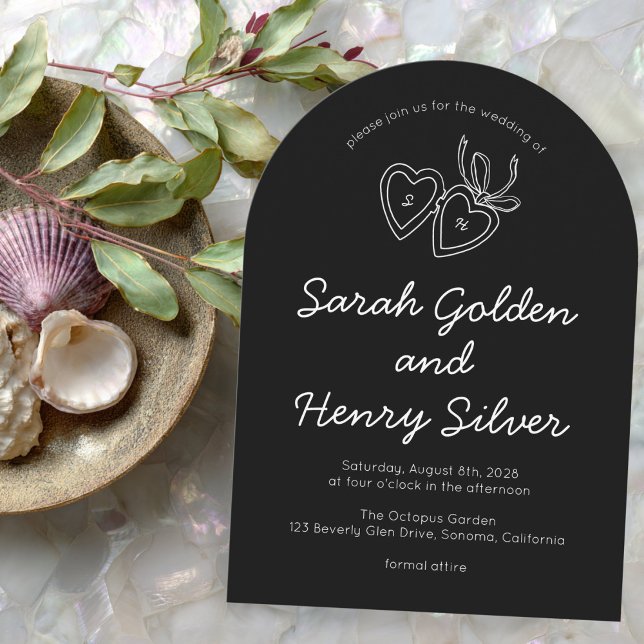 Whimsical Heart Locket Doodle Sketch Modern CUSTOM Invitation (Whimsical Heart Locket Doodle Sketch Modern CUSTOM Arch Wedding Invitation Black and White
)